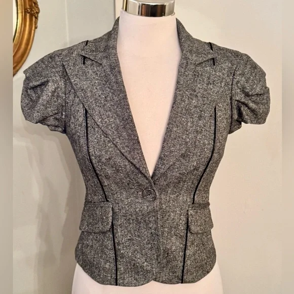 Bebe Cropped Blazer Jacket Gray Wool Blend Steampunk Detailed Fitted Victorian - Picture 13 of 13